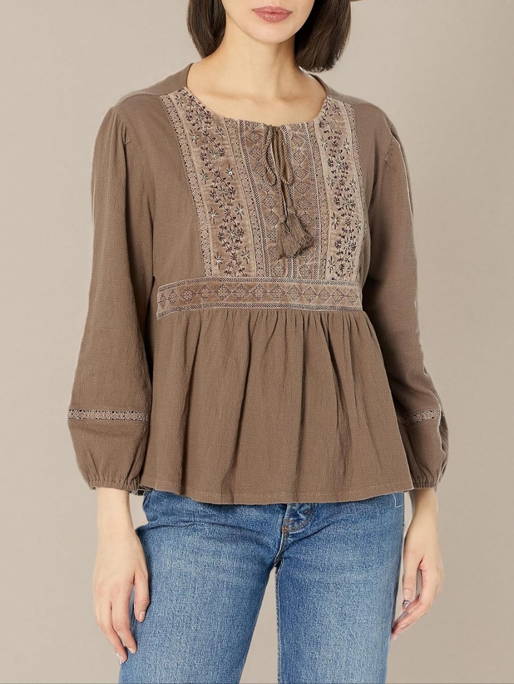 Lucky Brand Womens Long Sleeve Velvet Yoke Top Size Large